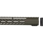 An AR pistol equipped with the distinct 10-inch Olive Drab Green House M-LOK Free Float Rail