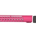 An AR rifle equipped with a pink 10" slim lightweight House Keymod handguard.