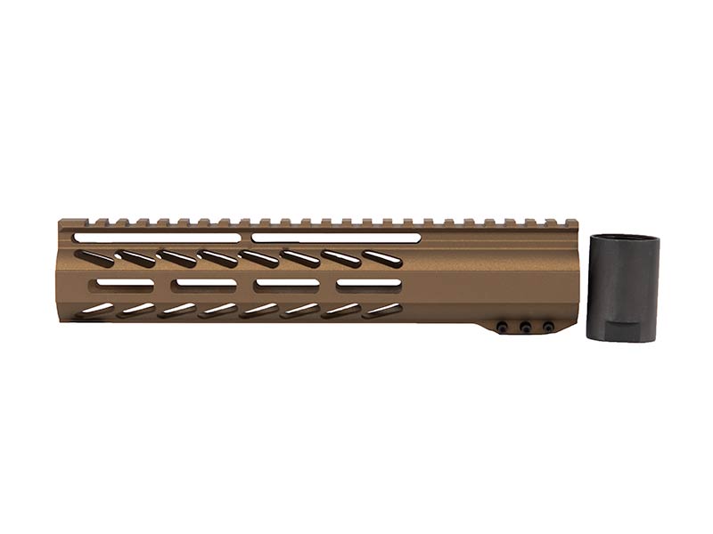 Close-up view of the 10" House M-LOK Burnt Bronze Free Float Rail by Daytona Tactical.