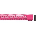 A radiant 12-inch House M-LOK Free Float Rail in pink mounted on an AR rifle.