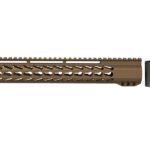 A close-up view of the 12" House Keymod Handguard in Burnt Bronze by Daytona Tactical on an AR rifle.