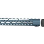 A pristine 12-inch House M-LOK Free Float Rail in Blue Titanium affixed to an AR rifle.