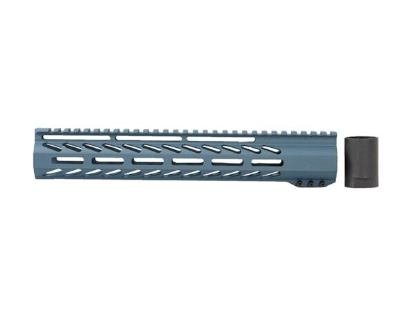 A pristine 12-inch House M-LOK Free Float Rail in Blue Titanium affixed to an AR rifle.