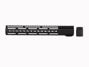 A pristine AR-10 rifle equipped with a 15" Slim Riveted Keymod Handguard in black.