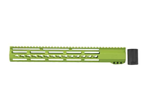 Detailed view of the cerakote-coated green Zombie AR-15 15" Custom Slim Light Weight Riveted Keymod Handguard.