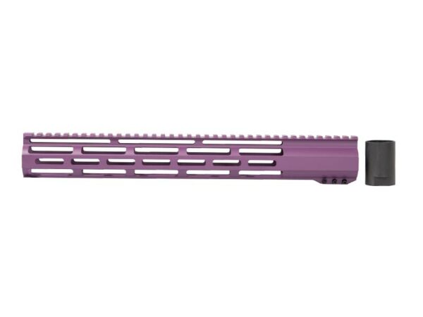Close-up of the 15-inch Window M-LOK Free Float Rail in cerakote-coated purple on an AR rifle