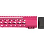 Close-up view of the Keymod sections on the 7" pink handguard, reflecting a high-quality cerakote finish.