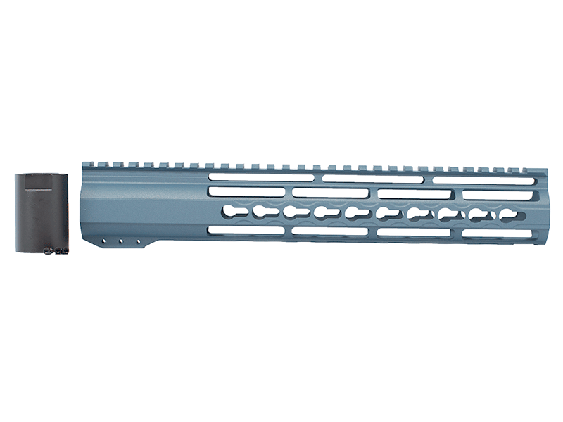 Close-up of AR-15's Titanium Blue 12" Riveted Keymod Handguard craftsmanship.