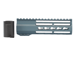 Titanium Blue AR-15 handguard highlighting the intricacies of a 7" Riveted Keymod Rail.