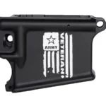 Detailed view of AR-15 black lower receiver with laser-etched Army Veteran Flag design