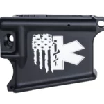 Laser engraved AR-15 black lower (80%) receiver featuring emergency services logo and flag design