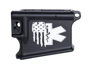 Shop 80 AR 15 lower with Flag and Emergency Services Logo