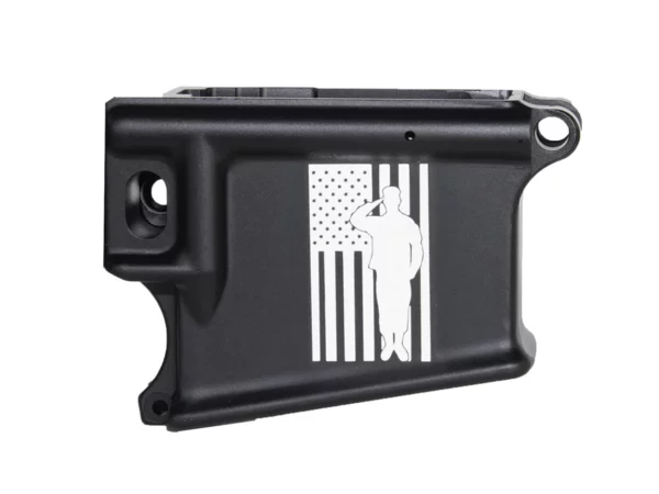 Flag and Soldier Saluting Laser Engraved on 80% AR-15 Black Lower