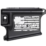 Laser engraved AR-15 black lower receiver featuring Marines American flag design