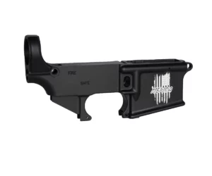 Detailed view of personalized firearm project: 'Merica flag laser engraving on AR-15 lower