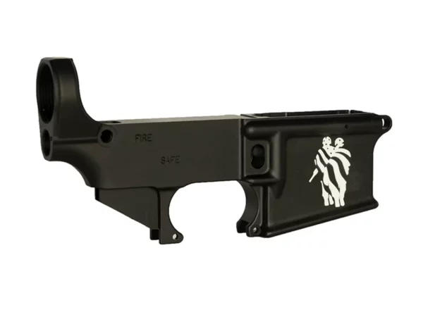 Laser engraved AR-15 black lower receiver featuring soldier wrapped in American flag design