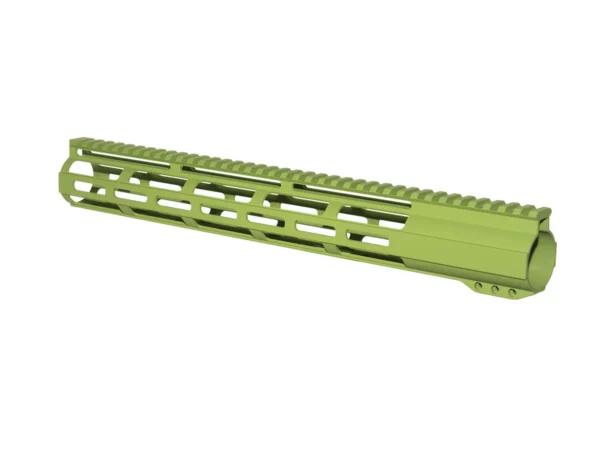 AR15 rifle fitted with a 15 inch M-LOK handguard in zombie green.