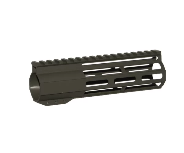 Side view of the 7-inch olive drab green M-LOK handguard on an AR pistol.