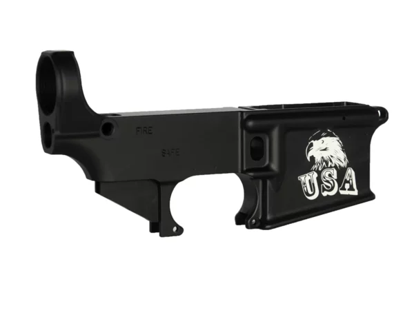 Laser engraved American eagle on anodized AR-15 lower receiver