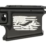 Custom laser-engraved American Flag with Bass design on 80% AR-15 black lower receiver.