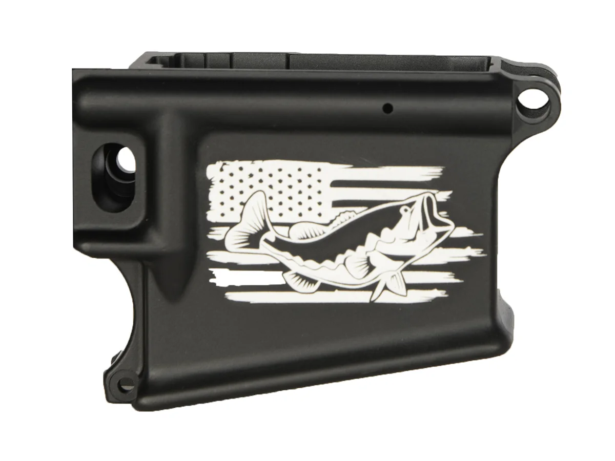 Custom laser-engraved American Flag with Bass design on 80% AR-15 black lower receiver.