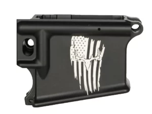 Custom laser-engraved American Flag with Deer Skull design on 80% AR-15 black lower receiver.