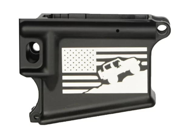Custom laser-engraved American Flag with Jeep design on 80% AR-15 black lower receiver