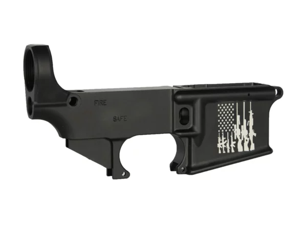 Unique AR-15 black lower featuring laser-engraved patriotic Rifles Flag design.