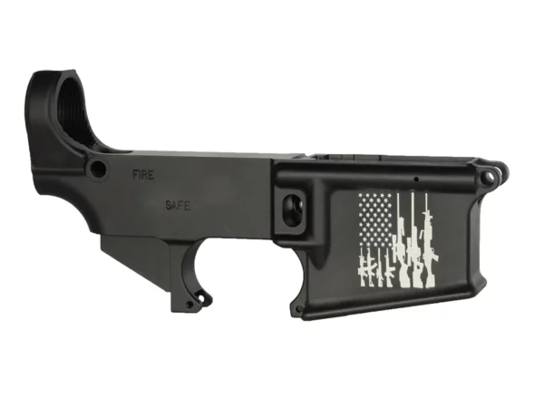 Laser-engraved patriotic-themed design on 80% AR-15 black lower receiver.