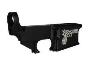 Custom Laser Engraved Handgun Collage as an Iconic Firearms Tribute on 80% AR-15 Black Lower
