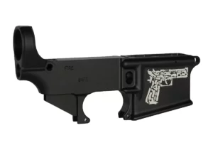 Laser Engraved Handgun Collage of Iconic Firearms with Personalized Design on 80% AR-15 Black Lower