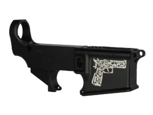 Detailed Laser Engraved Handgun Collage with Iconic Firearms Design on 80% AR-15 Black Lower