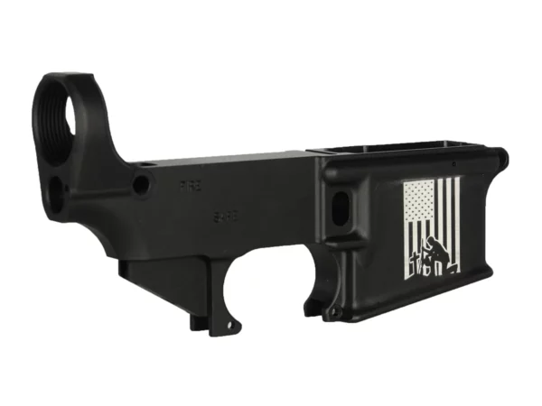 Laser engraved flag and cross with AR-15 anodized lower receiver, with soldier kneeling