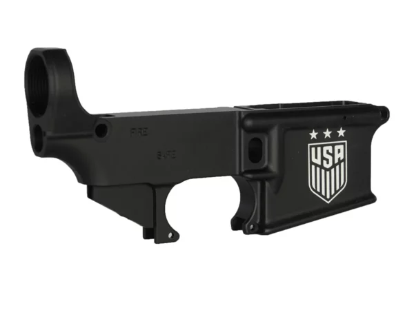 Laser engraved USA logo on meticulously anodized AR-15 lower receiver
