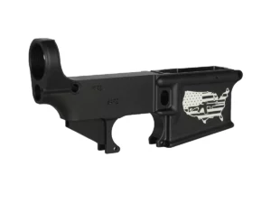 Close-up of laser engraving showcasing USA with rifle motif on AR-15 80% lower