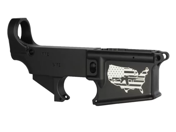 Customized 80% AR-15 lower featuring laser etched USA and rifle artwork