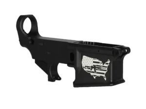 Detailed view of DIY firearm project with patriotic laser engraving on black lower