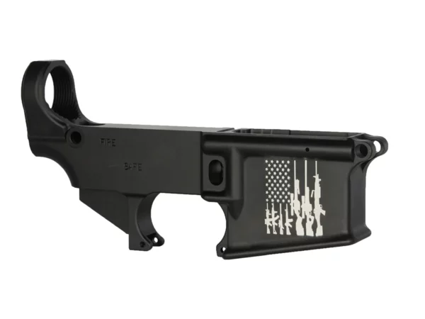 Personalized laser-engraved Rifles Flag design on 80% AR-15 black lower receiver