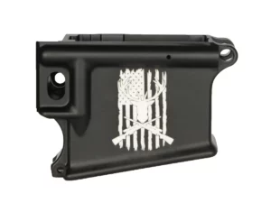 Laser engraved American flag with rifles and deer head motif