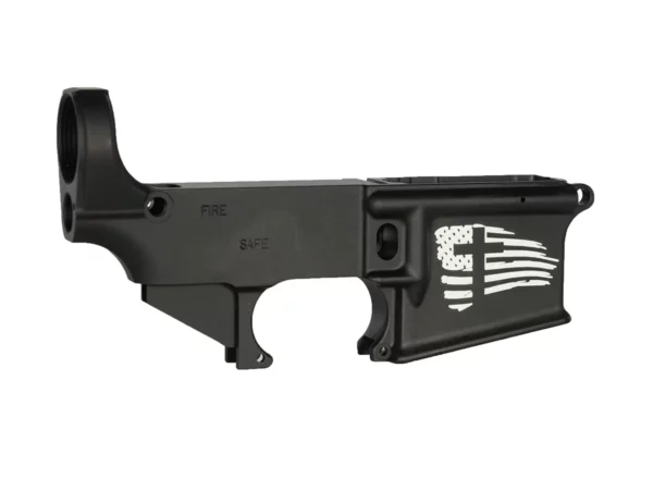 Patriotic Laser Engraving: Cross American Flag on 80% AR-15 Black Lower - Close-Up of Engraved Rifle Component