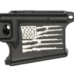 Laser engraved AR-15 black lower receiver featuring American flag with guns for stripes design