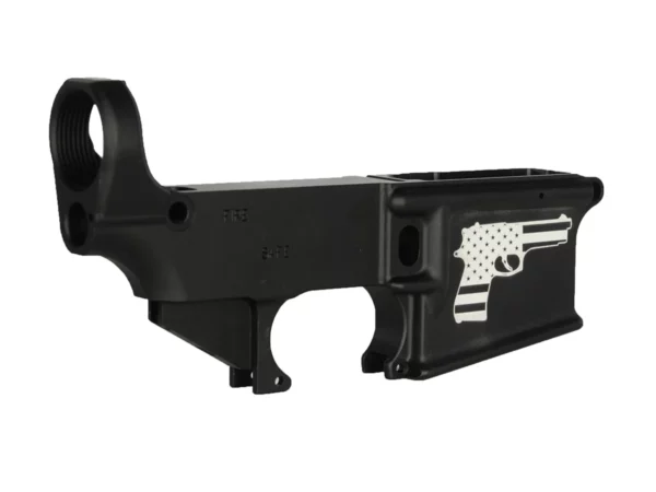 Laser Engraved Pistol with American Flag Design and Personalized Elements on 80% AR-15 Black Lower