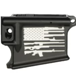 Custom laser-engraved American Flag with Rifle Stripes design on 80% AR-15 black lower receiver.