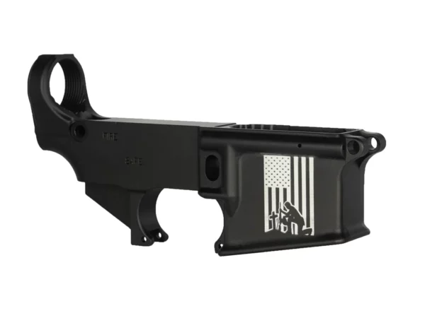 Laser engraved flag, cross, and AR-15 anodized lower receiver with kneeling soldier