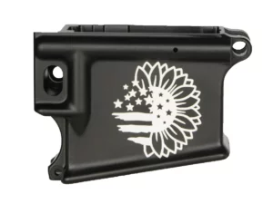 Laser engraved American flag and sunflower artwork