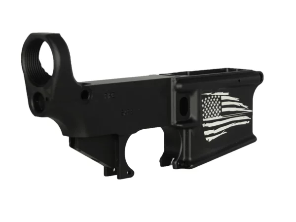 "Laser engraved distressed American flag and anodized AR-15 lower receiver