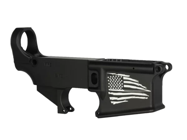 Laser engraved tattered USA flag on anodized AR-15 lower receiver
