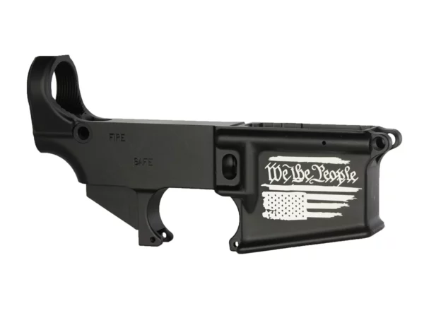 Laser engraved USA flag on anodized AR-15 lower receiver with 'We The People