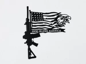 Shop laser cutout AR style rifle with American flag and eagle head
