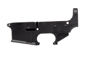 Black AR-15 lower receiver with stamped fire and safe